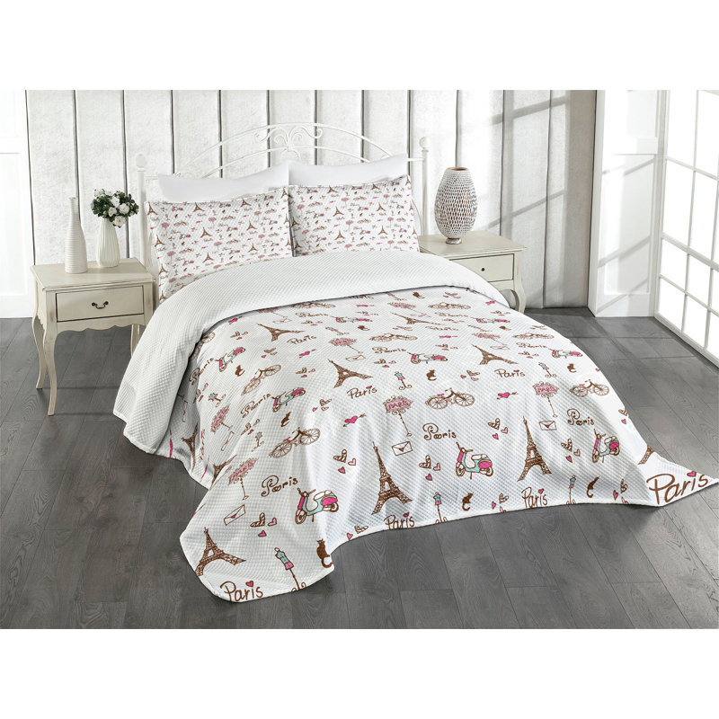 White Quilted Paris Pattern Queen Bedspread Set