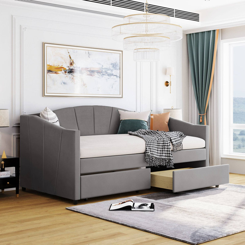Dieatra Upholstered Daybed, Gray, Drawers Included