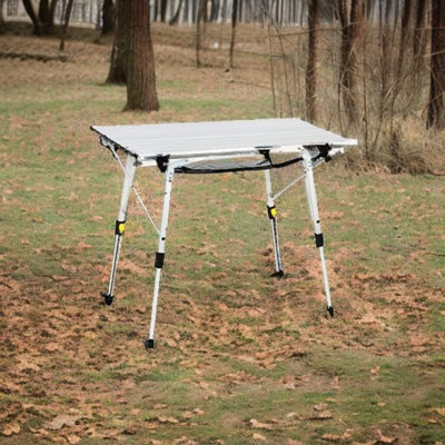 Outdoor Folding Portable Picnic Camping Table With Adjustable Height Aluminum Roll Up Table Top Mesh Layer, Silver