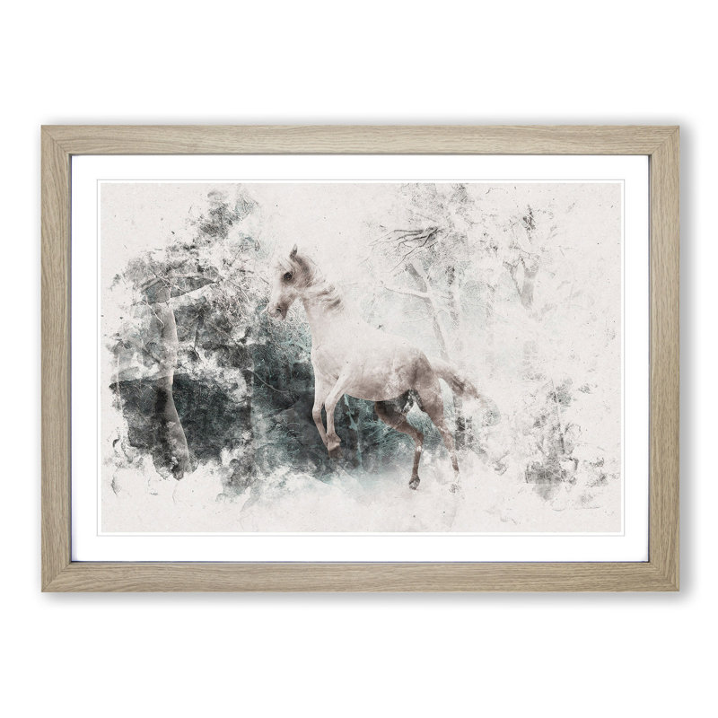 White Horse Rearing In A Winter Forest Watercolour - Picture Frame Graphic Art, 62cm H x 87cm W x 2cm D, Oak