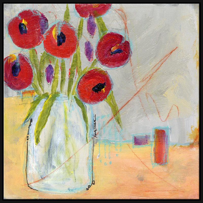 Coquelicots rouges par Jill Krasner, Cadre simple noir, H 41,5 po x l 41,5 po x P 2,6 po