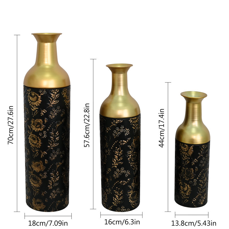Ensemble de 3 vases de plancher décoratifs en feuille d'or - Élégants vases en fer noir et or pour le salon et l'entrée
