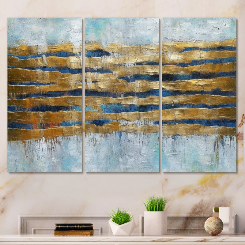 Joy of Peace, peinture abstraite or bleu clair, 3 pièces, H 28 po x l 36 po x P 1 po