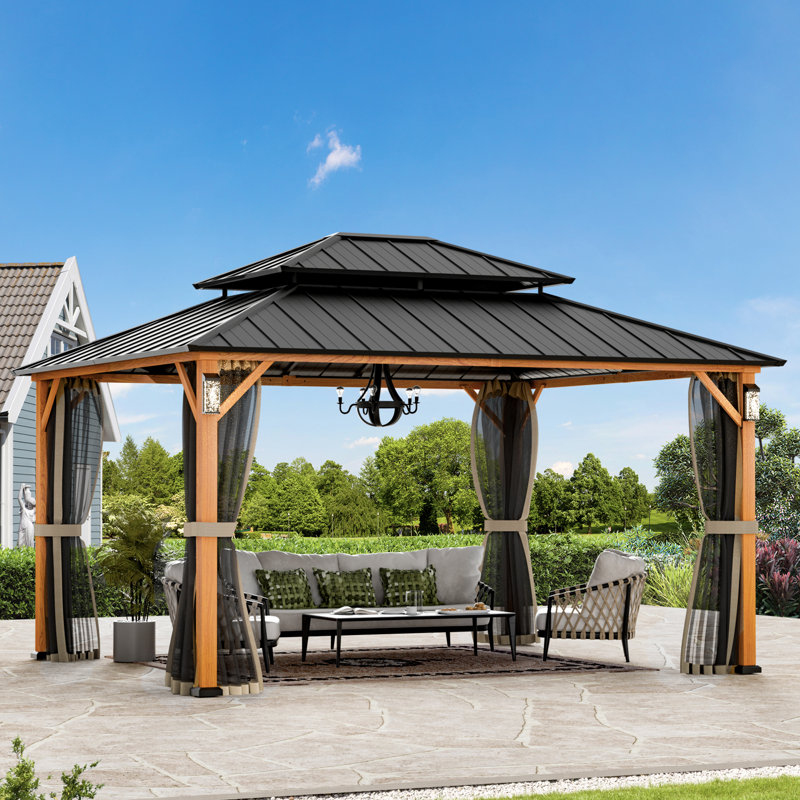 Hamilton 12' x 14' Hard Top Gazebo With Solar Self Powered LED Lights, Mosquito Netting And Canopy Hook, Wooden Grain