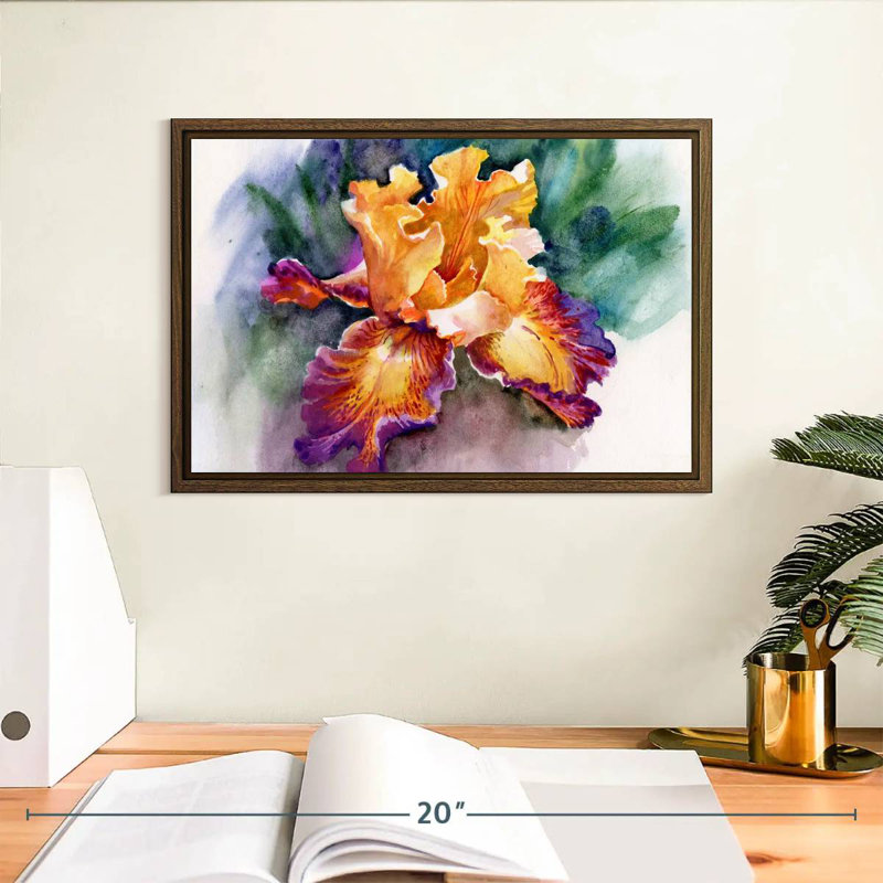 Fleur d'iris jaune, 13 po x 9 po, Cadre flottant en noyer