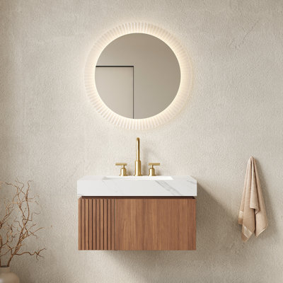 Meuble-lavabo flottant en chêne brun de 30 po, comptoir en pierre frittée blanche, lavabo en céramique avec trop-plein, tiroir et porte d'armoire de rangement en contreplaqué, meuble-lavabo préassemblé avec pierre, lavabo, fermeture en douceur