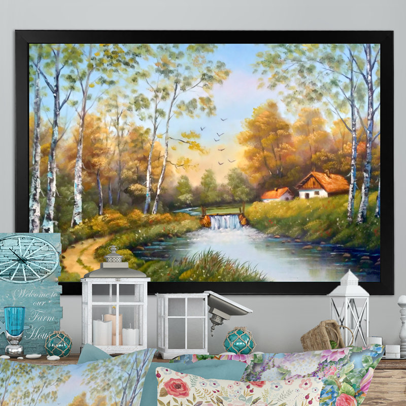 «Beautiful Cottage On River pendant la saison d'automne II», reproduction sur toile flottante, Cadre noir