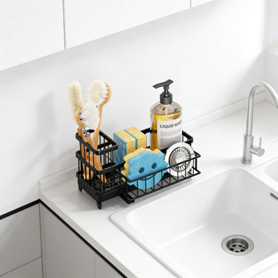 Porte-éponge de cuisine à vidange automatique avec support amovible et support à brosse - Organisateur de chariot d'évier en acier inoxydable pour le rangement sur le comptoir