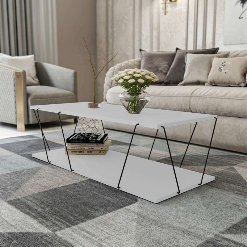 Table basse moderne avec structure en métal, finition blanche, 47,2 po x 11,8 po x 19,7 po | 100% panneau de particules enduit de mélamine, épaisseur: 0,7 pouce | Conception élégante et durable pour le salon, facile à nettoyer, parfaite pour les espaces contemporains