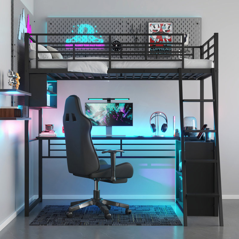Lit mezzanine en métal avec DEL, bureau et 4 tablettes de rangement, noir, Lit simple