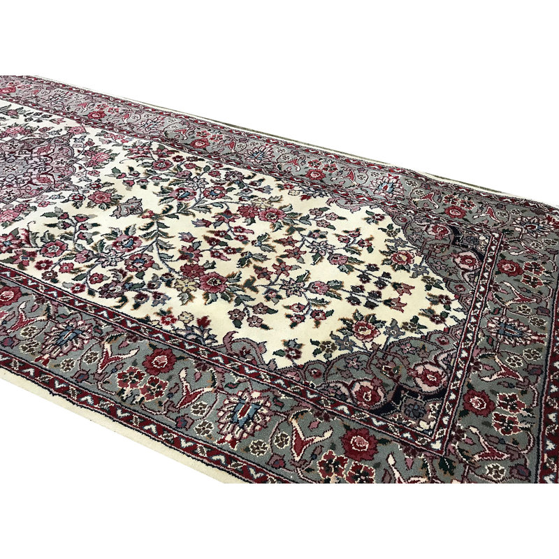 Tapis de couloir ivoire, gris et rose noué à la main de haute qualité
