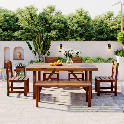 Wood Outdoor Table With Chair And Bench For Patio, Balcony, Backyard