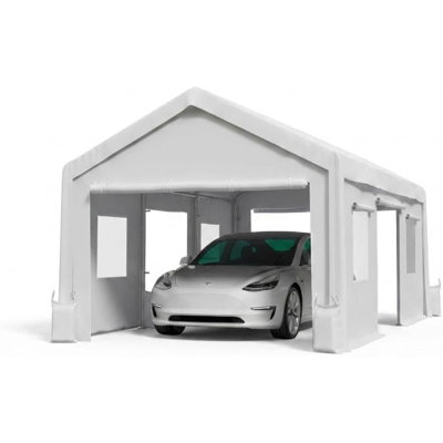 20x10x11FT Heavy Duty Portable Carport Garage, Waterproof PE Canopy Car Shelter with Reinforced Poles & Steel Cables, Front & Rear Zipper Doors, 2 Roll-Up Side Doors & 4 Windows for Outdoor Vehicle &
