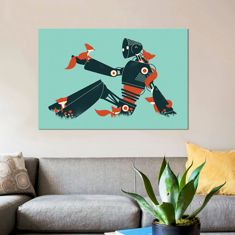 «Foxes And Robot» par Jay Fleck - reproduction sur toile tendue, H 8 po x l 12 po x P 0,75 po, Pas de tapis, Toile tendue