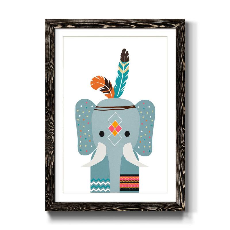 Boho Elephant - Reproduction d'art graphique encadré, H 44 po x l 31 po x P 1 po, Papier encadré noir, Blanc