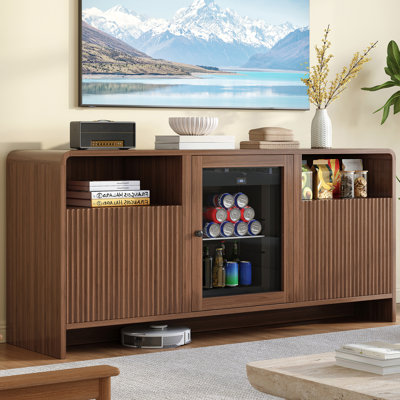 60'' Coffee Bar Cabinet with Built-in Mini Fridge, Buffet Sideboard with Waveform Fluted Doors and Adjustable Shelves for Kitchen, Dining Room, Walnut
