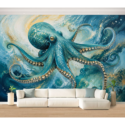 Wall Mural Peel and Stick Wallpaper Majestic Blue Octopus Abstract Ocean Waves Artwork Self-Adhesive Removable Contact Paper Wall Decor for Living Room Bedroom 100"H x 144"W
