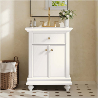French Country Farmhouse Bathroom Vanity with Ball-Turned Legs, Back Open Cabinet with Tip-Out Drawer & Soft-Close Hinges, Moisture Resistant Wood MDF Storage Vanity
