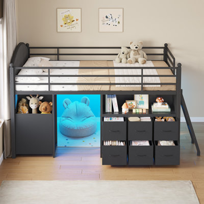 Twin Size Low Loft Bed with 6 Drawers,Twin Loft Bed with Upholsterd Headboard and Large Toy Storage Organizer , LED Lights, Metal Loft Bed with Safety Guardrail & Ladder, Play Area, Black