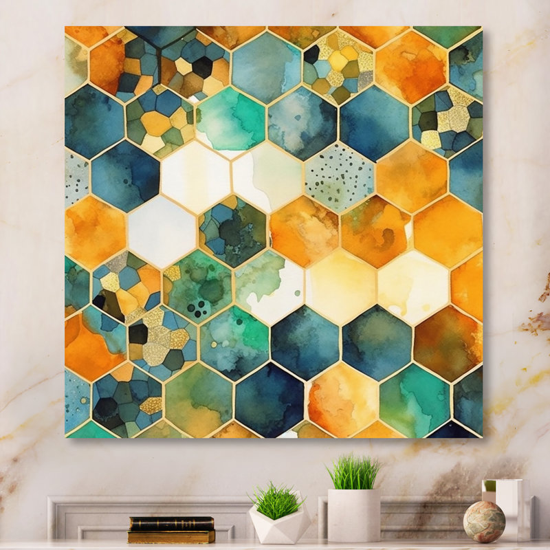 Coloré Hexagone III - Impression de formes abstraites sur métal, H 16 po x l 16 po x P 1 po