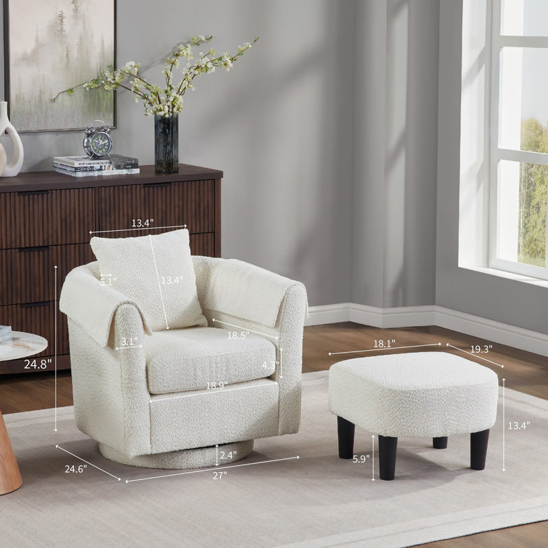 Chenille Swivel Accent Chair with Ottoman, White