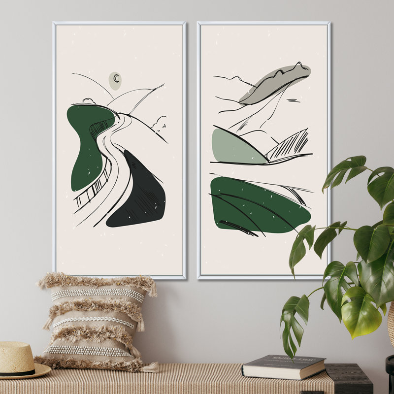«Green Retro Landscape Panoramas I», ensemble de 2 impressions, H 20 po x l 24 po x P 1 po, Toile avec cadre blanc