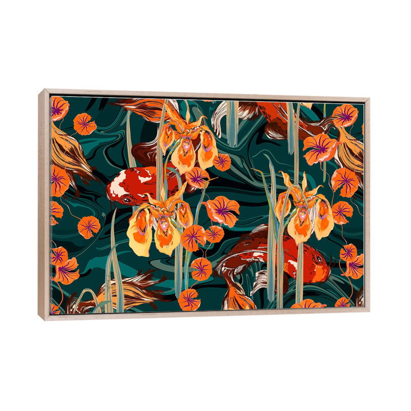 Koi Pond Orange Tones - reproduction d'art murale encadrée, H 26 po x l 40 po, Reproduction encadrée sans passe-partout