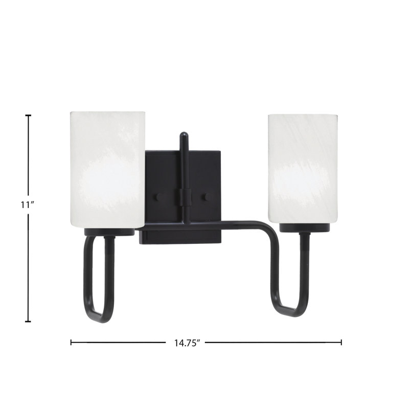 Barre d'éclairage de salle de bain 2 lumières Amarmula, finition noir mat, verre marbré blanc 4 po, Noir, Blanc