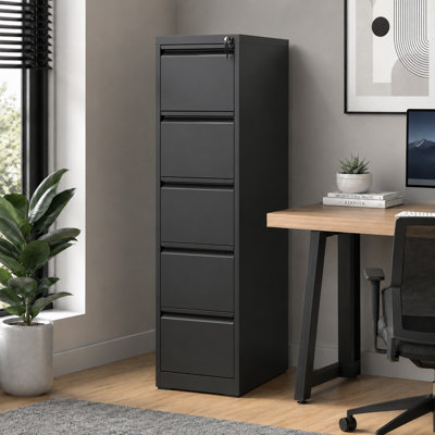 Bizoe Black 5-Drawer Vertical Metal File Cabinet with Lock, Slim Profile for Home Office, Full Extension Drawers for Letter Legal A4 Files