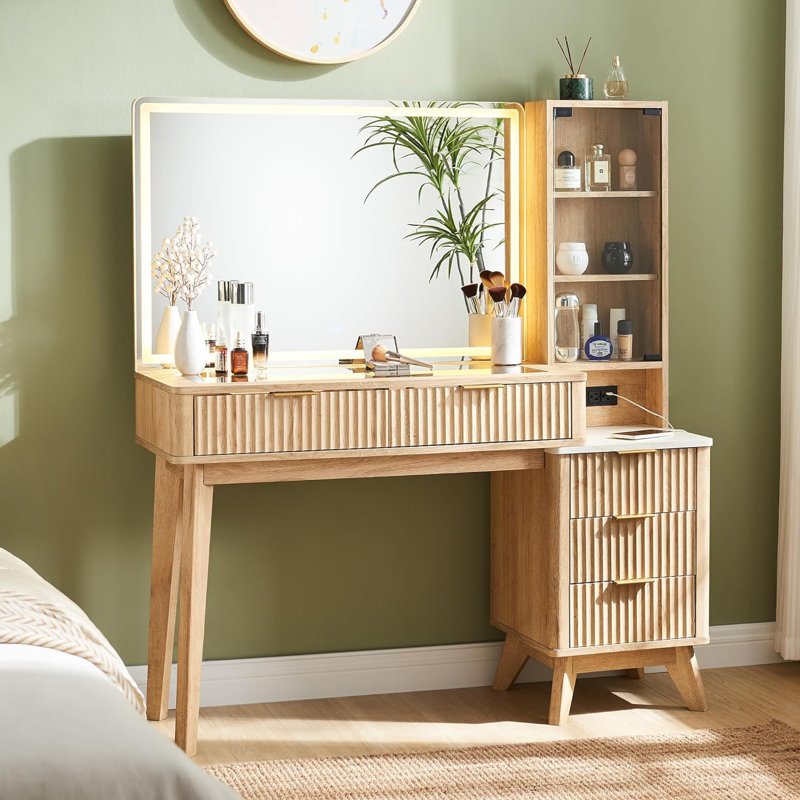 Carsin 48" Fluted Makeup Vanity Desk with Lighted Mirror
