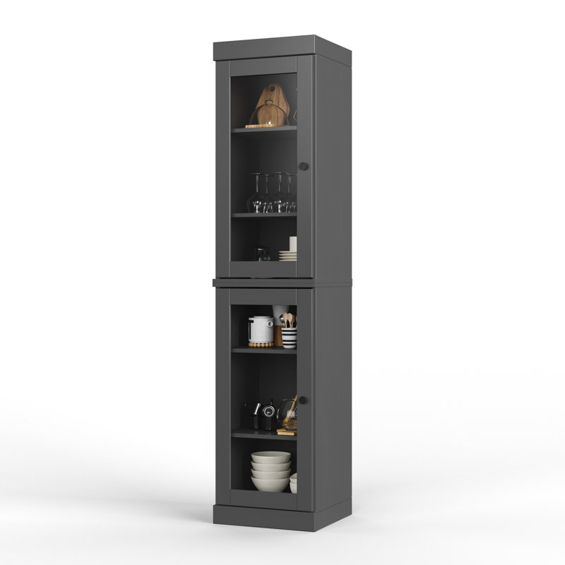 Garde-manger Jaylena 100% bois massif 16,5 po avec portes en verre transparent et tablettes réglables, Gris