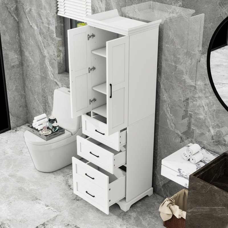 Armoire de rangement autoportante avec 3 tiroirs, tablettes réglables et portes à fermeture en douceur
