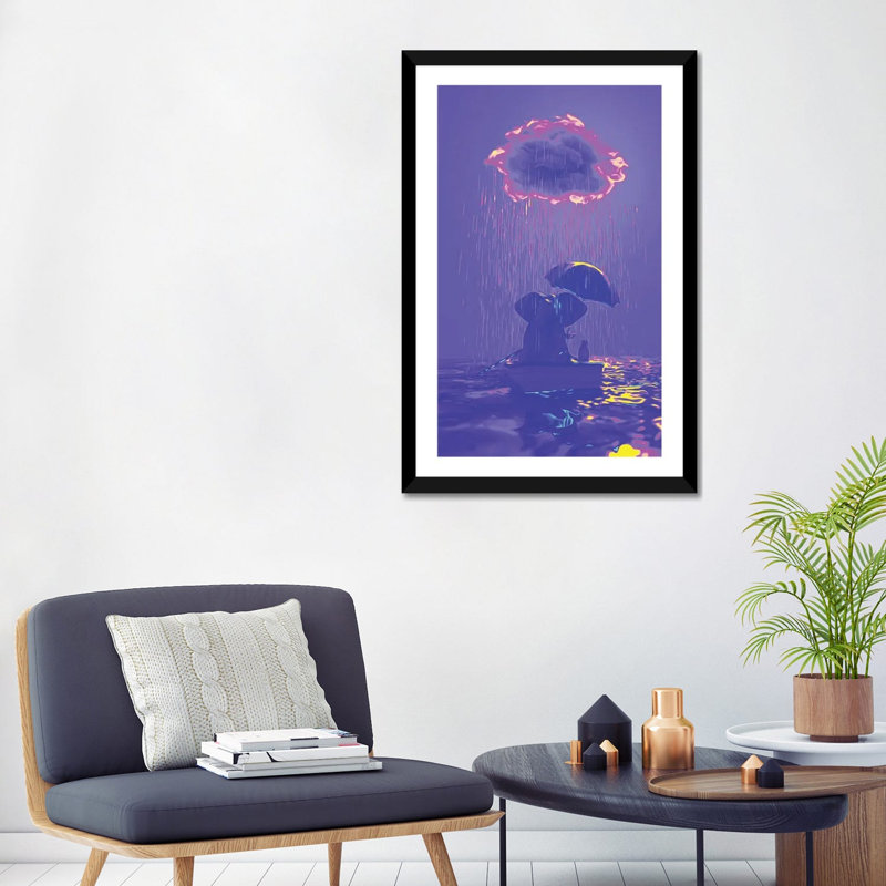 Un éléphant et un chien flottant dans un bateau dans la pluie IV par Mike Kiev-impression d’art graphique, Papier noir, Blanc
