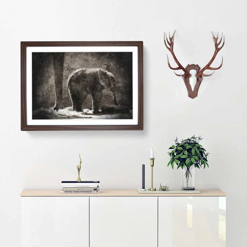 Mother and Baby Elephant Together - Picture Frame Painting Print, Walnut Framed, 24cm H x 33cm W x 2cm D