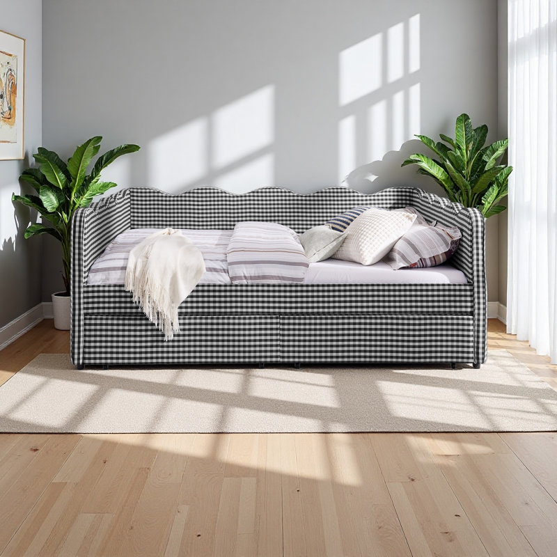 Cozy Gingham Daybed With Two Storage Drawers, With USB Port And Adorable Wave Shaped, Black, Queen