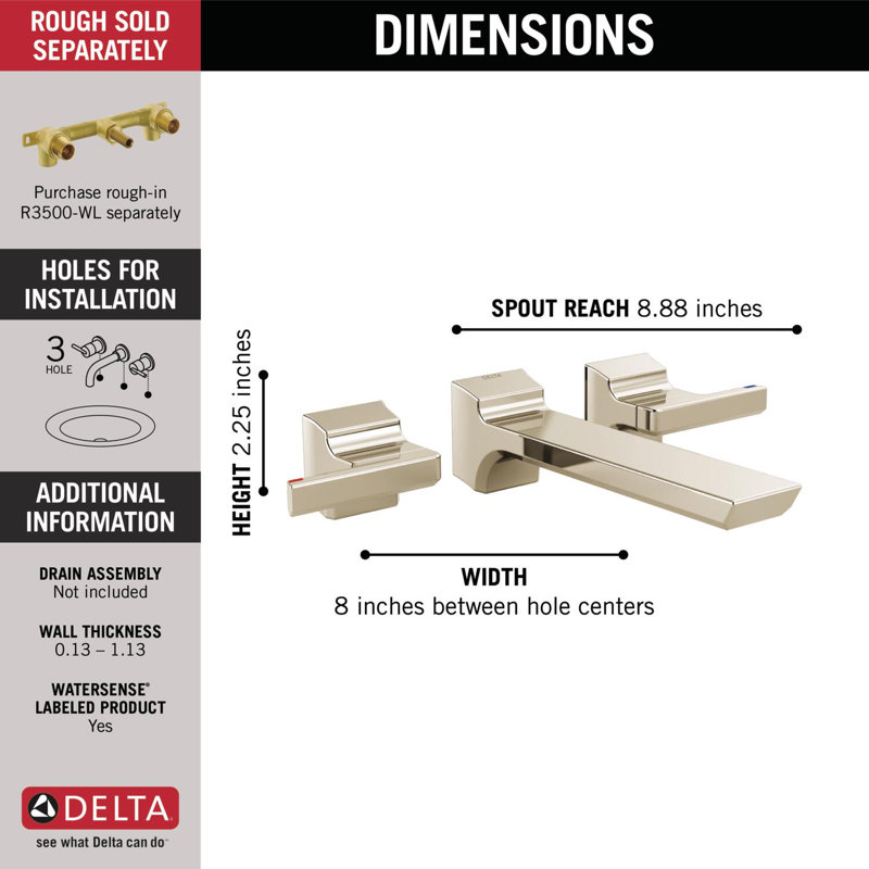 Pivotal Wall Mounted Bathroom Faucet and DIAMOND™ Seal Technology, Polished Nickel