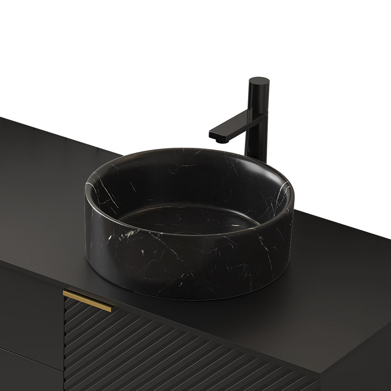 Bella 14" Bathroom Round Ceramic Vessel Sink with Stone Pattern, 14”, Stone Black Round