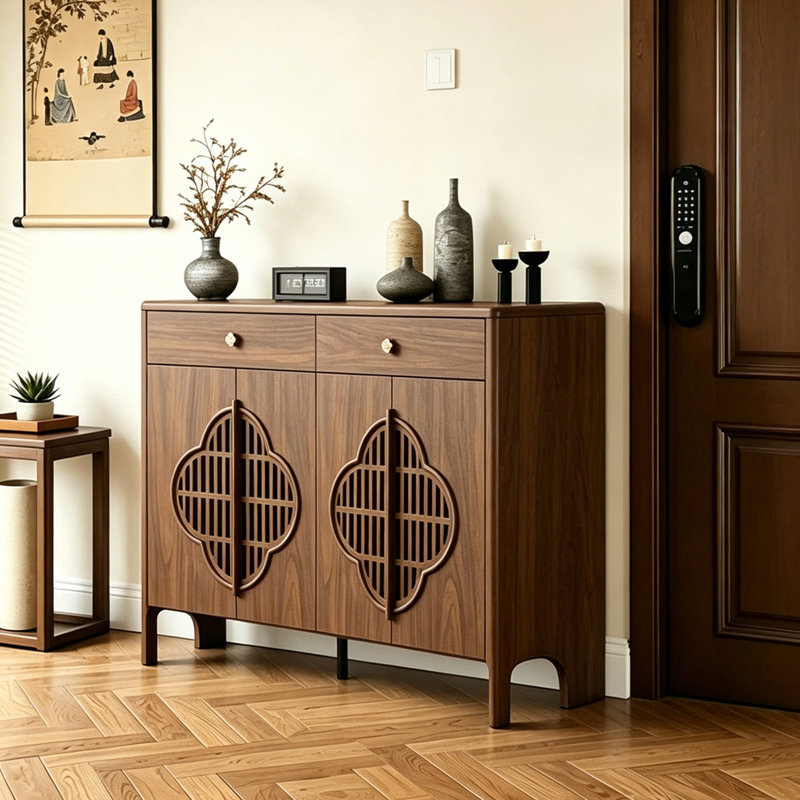 55.12"Brown Oriental Slatted Solid Wood Shoe Cabinet