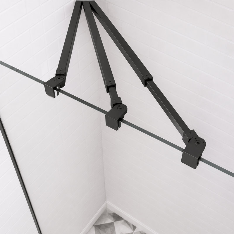 Panneau de verre fixe sans cadre Cascada, 81 cm (L) x 193 cm (H), verre trempé de 10 mm (3/8 po) avec pellicule de sécurité, revêtement facile à nettoyer et barre de support réglable, noir mat
