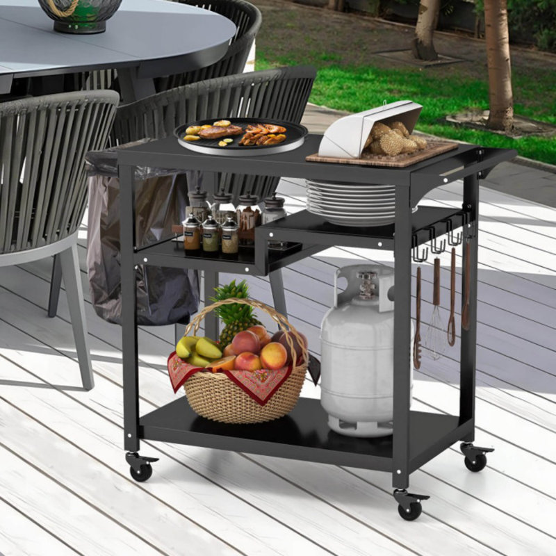Rolling Grill Cart 3-Shelf BBQ Cart With Hooks And Side Handle