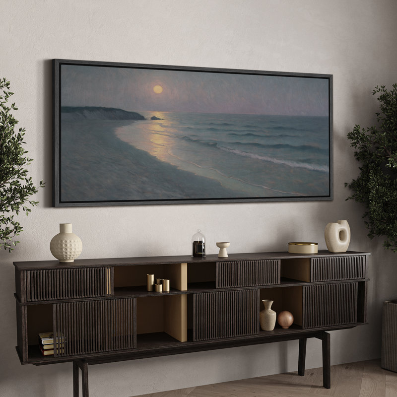 Clair de lune sur une plage tranquille, grande impression sur toile encadrée pour un décor côtier serein, H 30 po x l 60 po