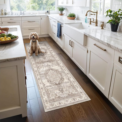 Wide Hallway Runner Rug: Vintage Washable Soft Rugs for Living Room Bedroom Water Resistant Carpet with Non-Slip Backing for Entry Kitchen Dining Room Thin Nursery Bathroom Floor Mat(Beige)