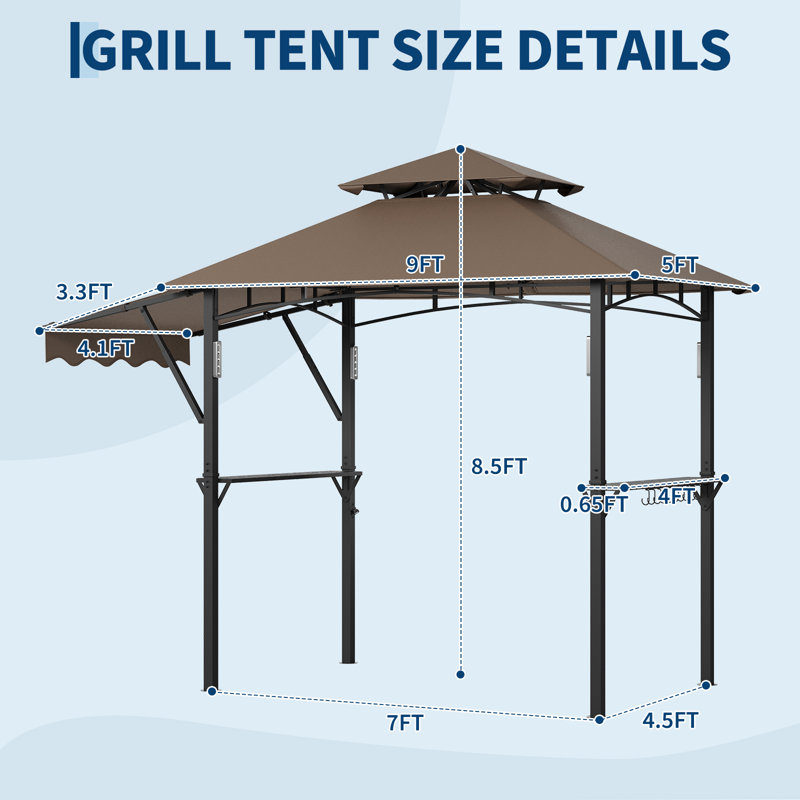 8x5 ft Grill Gazebo with Side Awning, 4 LED Lights, Heavy-Duty Outdoor Grill Shelter with 2 Side Shelves, 10 Hooks & Bottle Opener, BBQ Canopy for Patio, Backyard, Brown