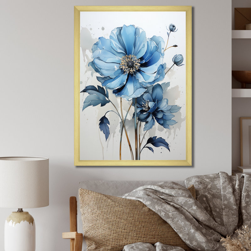 «Blue Minimalisme Daisy Flower I», reproduction d'art sur toile florale, H 32 po x l 24 po x P 1 po, Encadrement doré