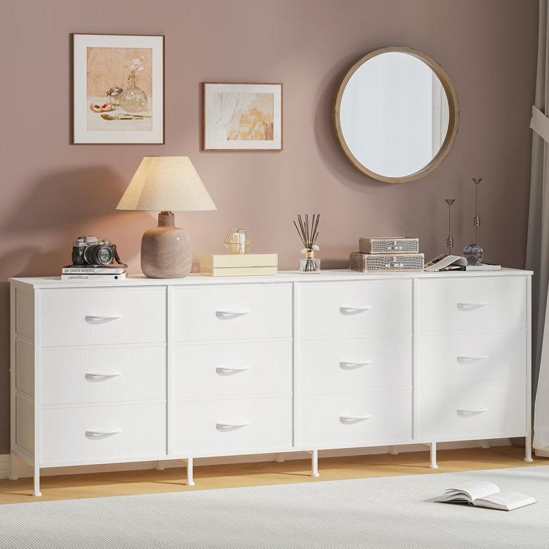 70.8" 12 Drawer Fabric Dresser TV Stand for Up to 80" TV with Wood Top, White