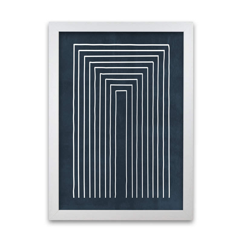 Lino Style Blue Geometric Lines - Print, 30cm H x 21cm W x 3cm D, White Frame