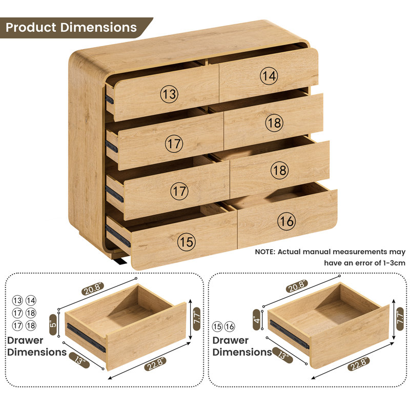47.2“H Natural Curved 8-Drawer Dresser, Rustic Chest of Drawers, Farmhouse Storage Dresser for Bedroom Living Room, Natural