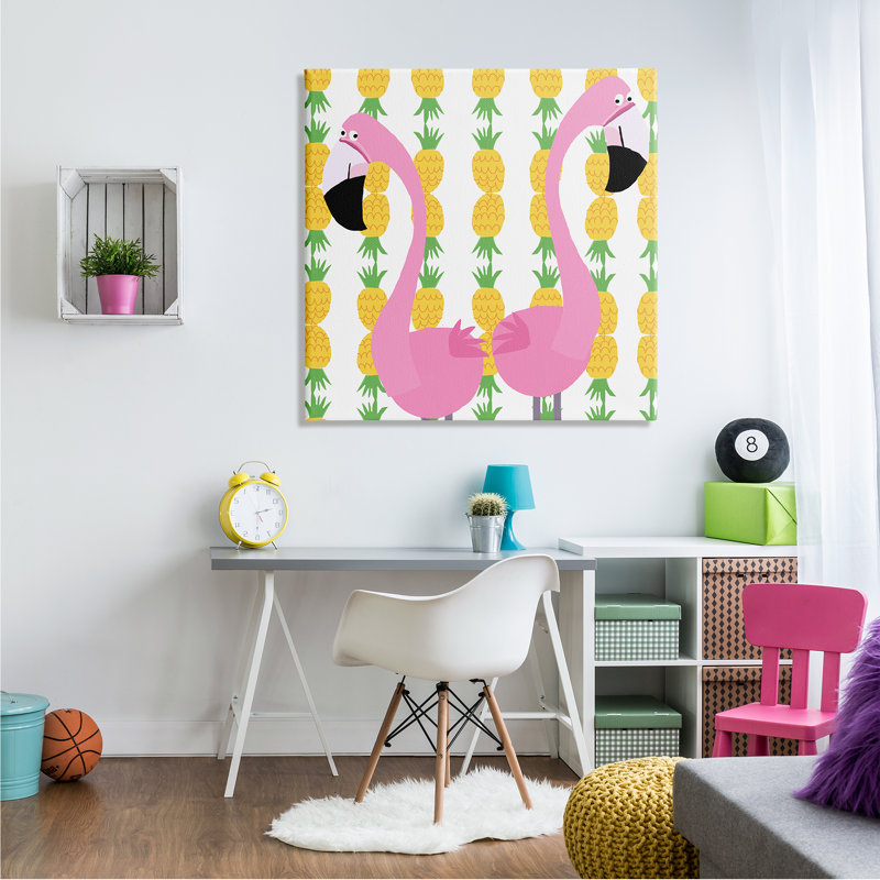 Paire de flamants roses pour enfants, art ananas, Toile tendue, H 36 po x l 36 po x P 1,5 po