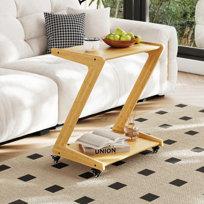 Table de bout en bois massif H 25,6 po à 2 niveaux avec roulettes pour le salon et la chambre à coucher