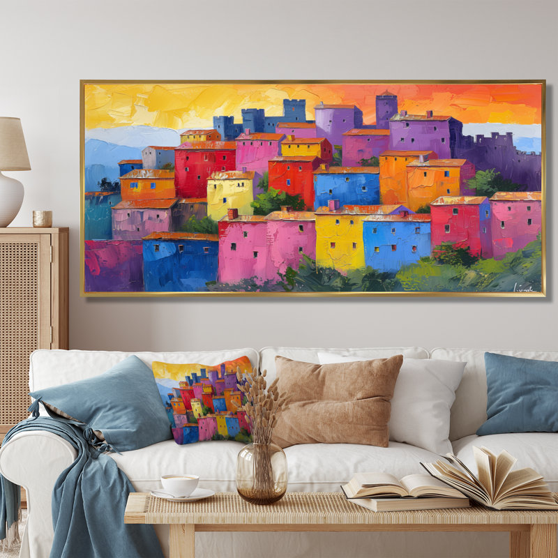 Décoration murale colorée «Royal Residence Village» - Châteaux, Toile avec cadre flottant or, H 28 po x l 60 po x P 1,5 po
